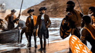 A detail from a painting depicting Captain Cook's first landing at Botany Bay, by George Soper.