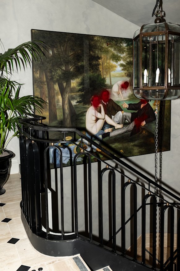 On some of Maison Batard’s walls are reproductions of French paintings with faces daubed in red paint and trickles running down clothes or naked bodies. 
