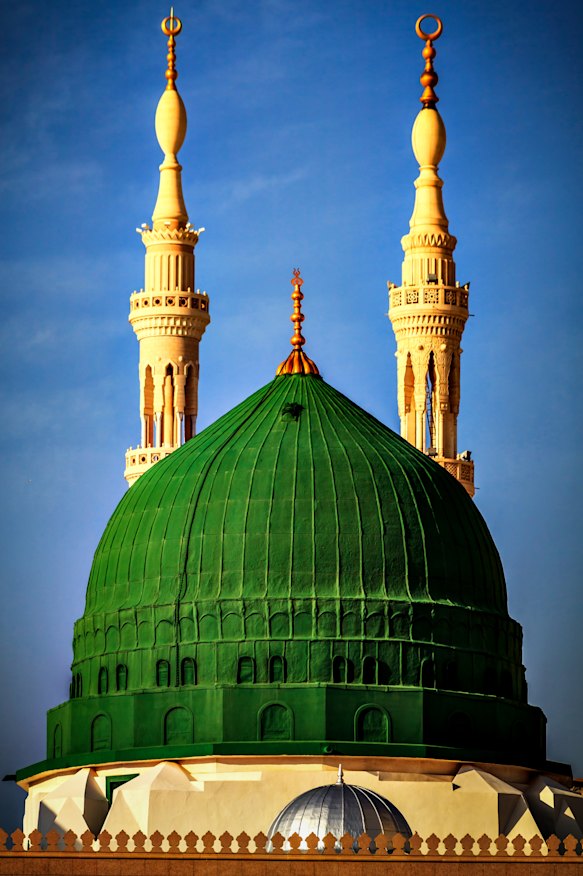 The dome of al-Masjid al-Nabawi (the Prophet’s Mosque) that sits above the Prophet’s burial site, Medina, Saudi Arabia.