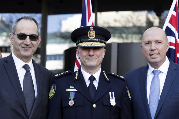 (L-R) Home Affairs secretary Michael Pezzullo, Australian Border Force Commissioner Michael Outram and Minister for Home Affairs Peter Dutton in May this year.