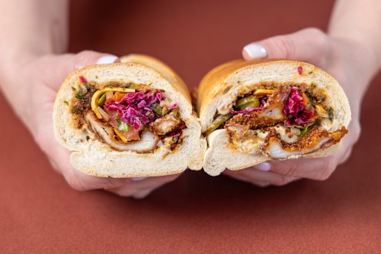 Chicken schnitzel sandwich.