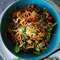 Hokkien noodles with chicken and broccoli.