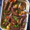 One-pan sausage and vegetables with gravy.