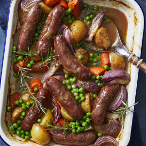 One-pan sausage and vegetables with gravy.
