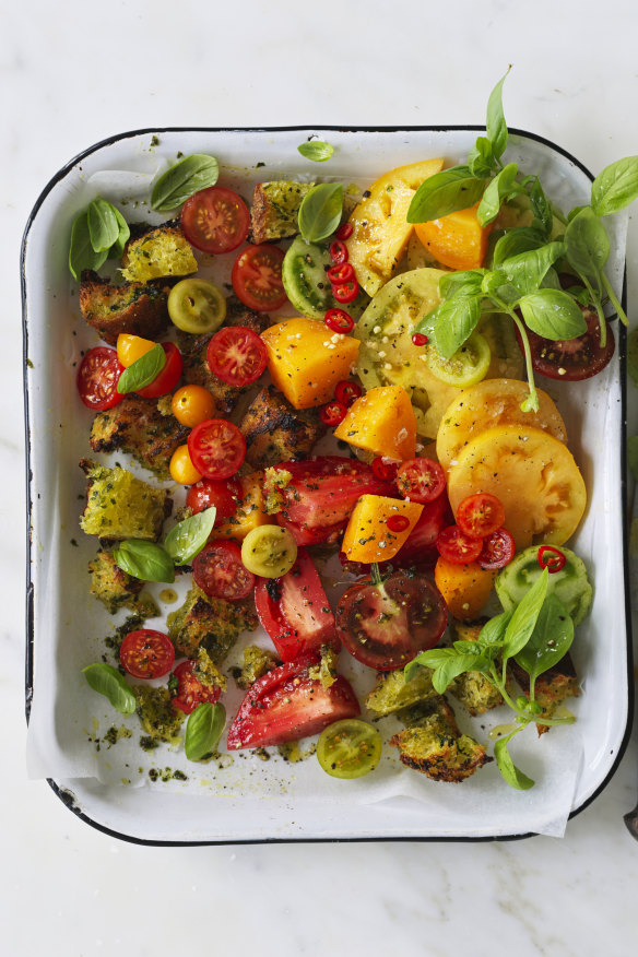 Adam Liaw’s heirloom tomato and bread salad.