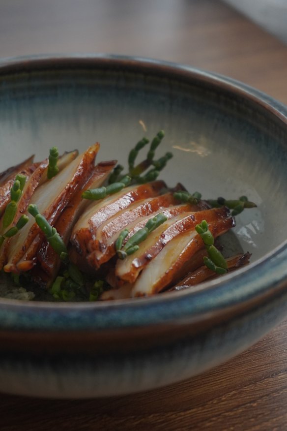 Indented Head abalone with Otway potato, pine mushroom and samphire.