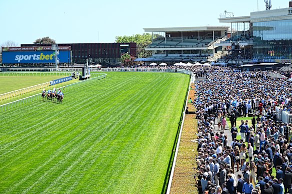 General view of crowds in Race 4, the Stow Storage Gothic Stakes during Melbourne racing at Caulfield Racecourse.