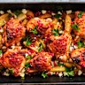 Danielle Alvarez’s yoghurt-marinated chicken tray bake and potatoes, feta and pomegranate.