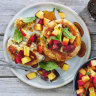 Johnny cakes with peach salsa and golden syrup.