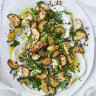 Fried zucchini, mint and chilli salad with taramasalata and bottarga.