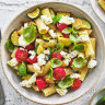 Rigatoni with zucchini and cherry tomatoes.