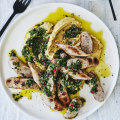 Danielle Alvarez’s grilled sausages with chickpea mash and chimichurri.