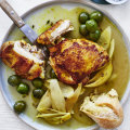 Baked chicken cutlets with olives and fennel seed.