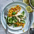 Baked Murray cod fillet with sweetcorn and basil butter. Styling by Hannah Meppem and food preparation by Breesa Swann.