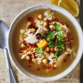 Danielle Alvarez’s chicken, pumpkin, chickpea and rice soup with spiced chilli oil.