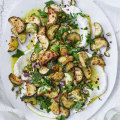 Fried zucchini, mint and chilli salad with taramasalata and bottarga.