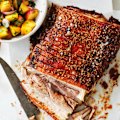 Julia Busuttil Nishimura’s roast pork belly with a peach, mint and coriander salsa.