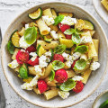 Rigatoni with zucchini and cherry tomatoes.