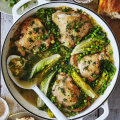 Braised chicken with peas and lettuce.