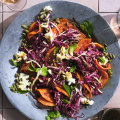 Pumpkin and radicchio salad with sweet and sour dressing and goat’s cheese.