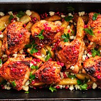 Danielle Alvarez’s yoghurt-marinated chicken tray bake and potatoes, feta and pomegranate.