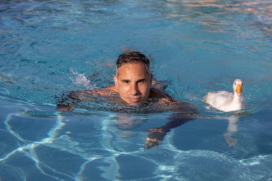Artist Michael Zavros at his Brisbane home with Sauron the gosling: “I’ve always been anxious … I also know that tomorrow is a different day.”