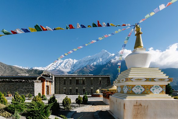 Spectacular views of the snow-capped Nilgiri range from a remote village in western Nepal. 