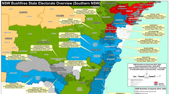 Southern NSW Map showing the impact of last summer’s bushfires on NSW electorates. 
