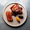 Margra lamb rump with glazed belly, pumpkin miso and black garlic at Longshore.