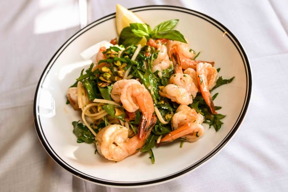 Linguine with prawns and pistachio at Amiconi in West Melbourne.