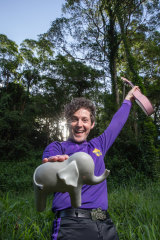 Purple Wiggle Lachy shows off his elephant, the winning track’s namesake.
