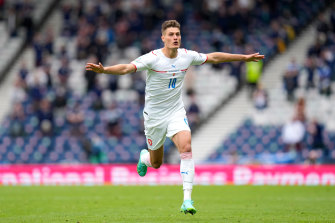 Patrik Schick celebrates scoring for the Czech Republic against Scotland.