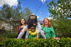 Heidi Marfurt and Natalie Jamieson with their scarecrow depicting TV gardener Costa Georgiadis.