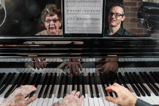 Use it or lose it: pianist Judy Hall, 96, practises for the Melbourne Recital Centre 10th anniversary concert with former pupil, pianist Timothy Young.