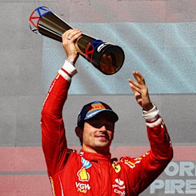 Charles Leclerc celebrates his win in Texas.