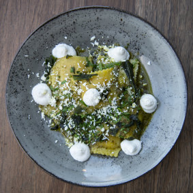 The pumpkin and sage ravioli with macadamia pesto and fresh ricotta.