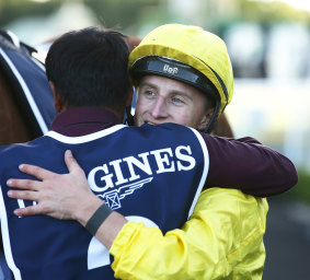 Tom Marquand hugs Safid Alam after winning the Queen Elizabeth Stakes last year.