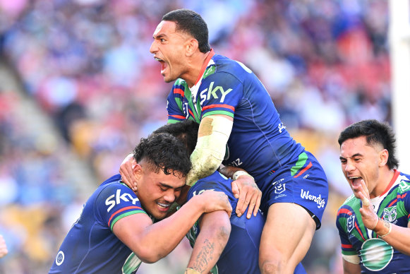 The Warriors celebrate during their shock win over Penrith.