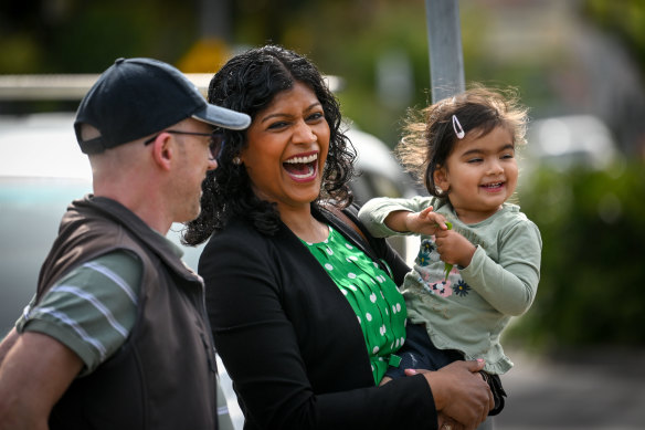 Greens leader Samantha Ratnam was in a buoyant mood on the hustings at a polling booth in Brunswick East on Saturday.