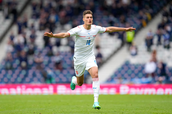 Patrik Schick celebrates scoring for the Czech Republic against Scotland.