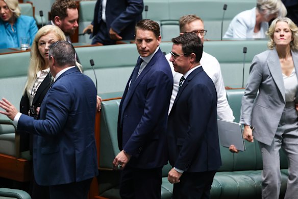 Liberal leadership aspirant Andrew Hastie and Nationals leader David Littleproud after voting on the government’s draught beer excise bill on Wednesday. 