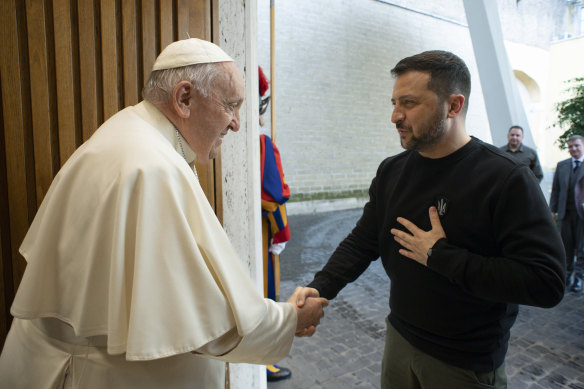 Pope Francis meeting Ukrainian President Volodymyr Zelensky during a private audience at The Vatican on Saturday, May 13.