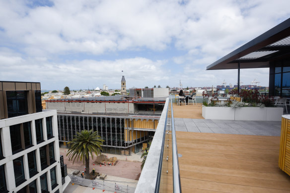 The terrace on the top floor of the FOMO building overlooks Kings Square and Fremantle Port. 