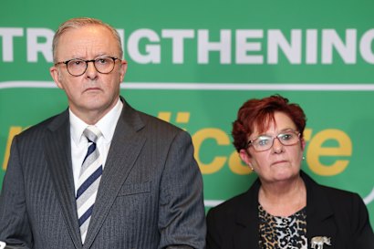 Prime Minister Anthony Albanese and Labor candidate Anne Urquhart at a press conference during a visit to the proposed site of the Burnie Health Hub, in the electorate of Braddon.