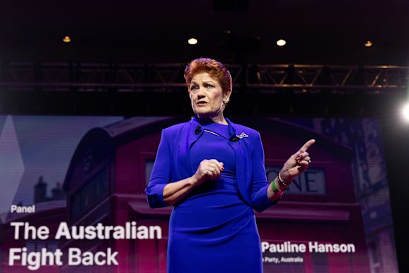 Pauline Hanson speaks to a room of rows of empty seats at CPAC GB in London.
