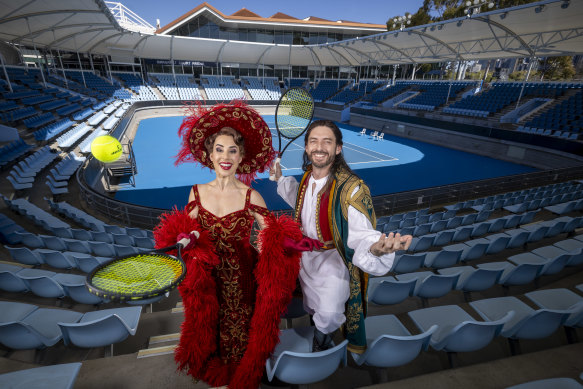 Opera singers Kathryn Williams and Anthony Mackey at Melbourne Park.