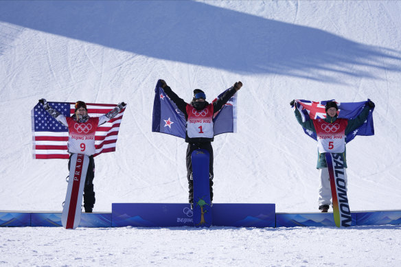 Silver medallist United States’s Julia Marino, gold medallist New Zealand’s Zoi Sadowski Synnott and bronze medallist Australia’s Tess Coady.