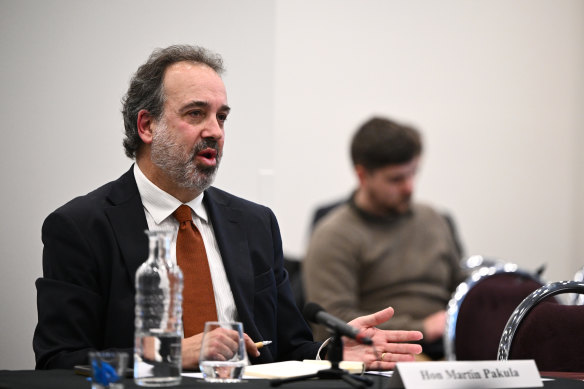 Former Victorian minister for sport and major events Martin Pakula during the inquiry into Commonwealth, Olympic and Paralympic Games preparedness, Melbourne, Monday, August 28, 2023.