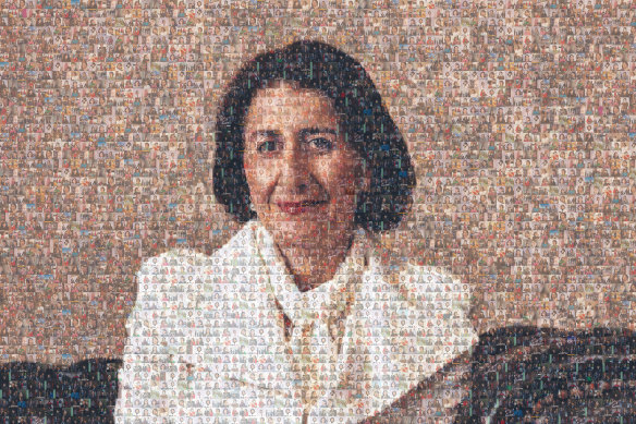 A composite mosaic photo of NSW Premier Gladys Berejiklian made with photos from her daily COVID-19 updates this year.