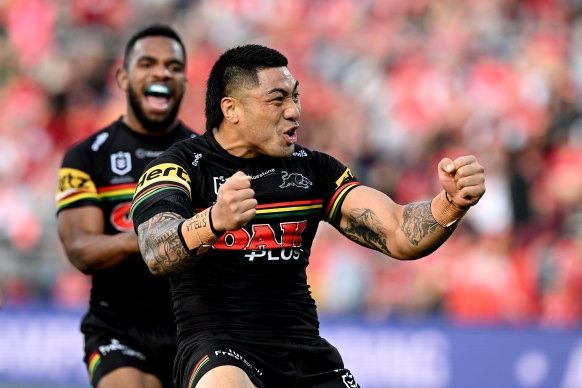 Panthers prop Moses Leota celebrates a rare try.